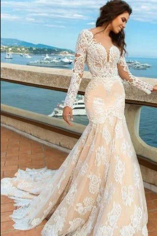 New Lace Mermaid Deep V-Neck Backless Long Sleeves Backless Wedding Dress OK773