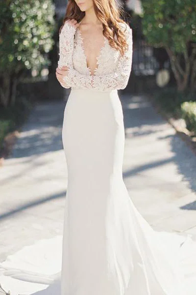 New Sexy Deep V-Neck Lace Top Long Sleeves Mermaid Wedding Dress OK803