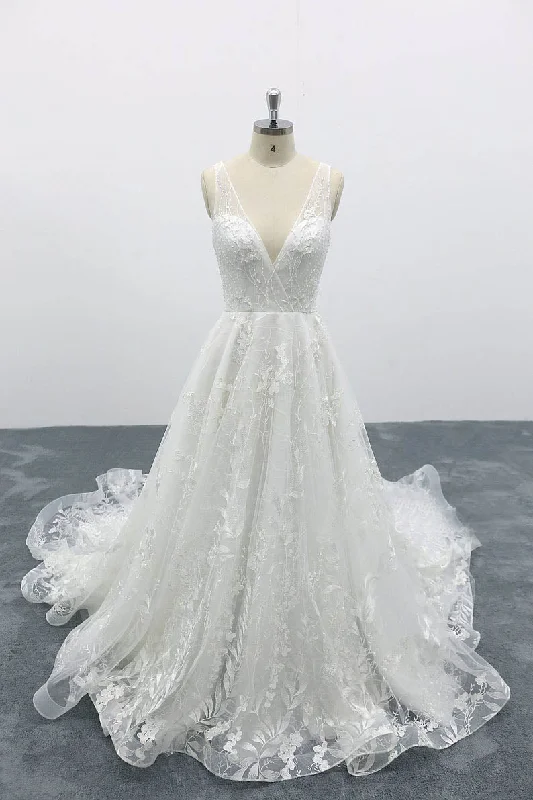 A-line Deep V Neck Fairy Tale Wedding Dresses Lace Tulle Bridal Dresses OKU96