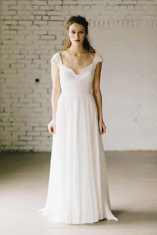 A-Line Ivory Lace Cap Sleeve Vintage Chiffon Wedding Dress,V neck Bridal Dress OK538