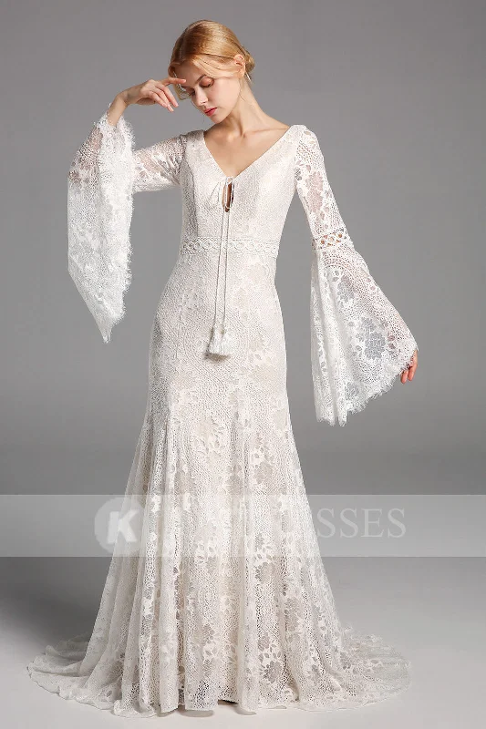 A-line Lace Long Sleeves Wedding Dresses V Neck Bridal Gowns W0028OK