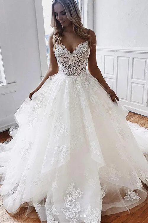 A-line Off White Sweetheart Spaghetti Straps Tulle Lace Appliques Long Wedding Dress OKY6