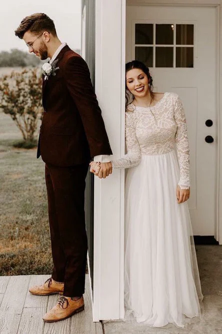 A-line Round Neck Long Sleeves Backless Boho Wedding Dress with Lace OKS31