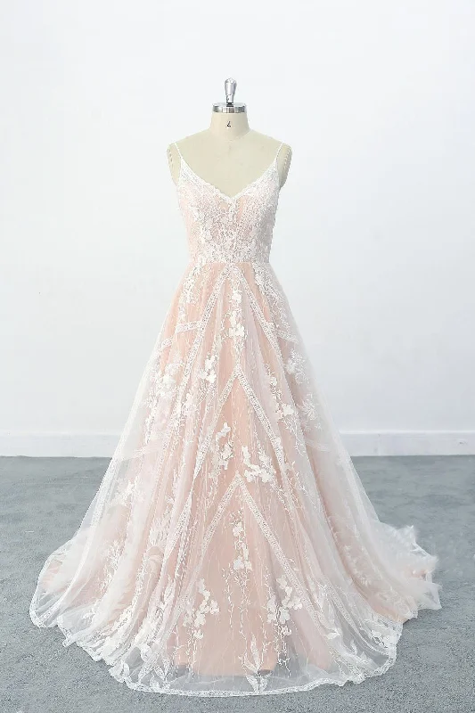 A-line Style V Neckline Nude Orange Lining Wedding Dress with Flora Lace Skirt OKU72