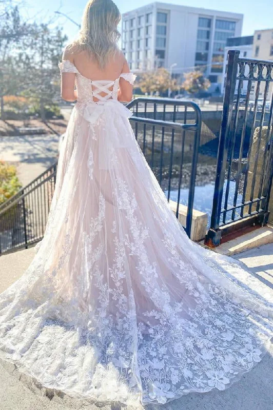 A-line Tulle Appliques Lace Off the Shoulder Criss Cross Back Boho Wedding Dress OK1645