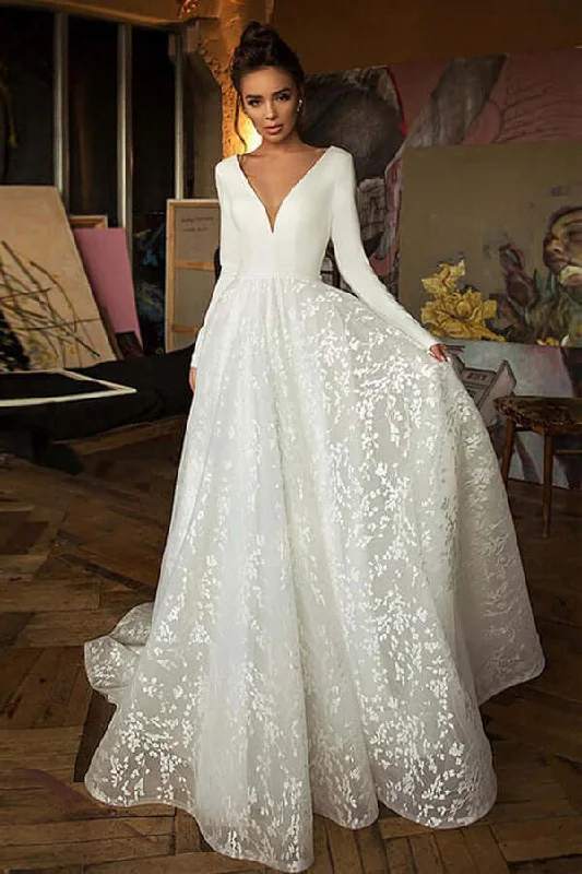 A-line V-neck Long Sleeves Wedding Dresses With Court Train, Bridal Gown OK1807