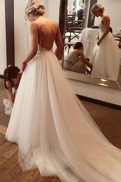 Backless A Line Spaghetti Straps Tulle Beach Wedding Dress Fashion Custom Made Bridal Dress OK1090