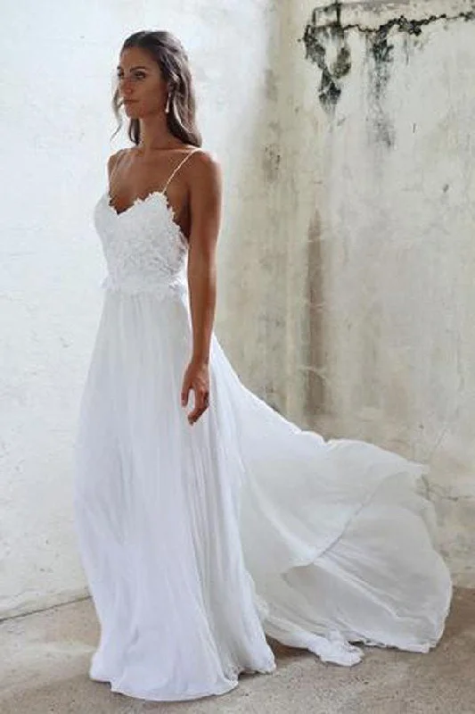 Beautiful A Line Lace Long White Spaghetti Straps Beach/Coast Wedding Dresses OK270