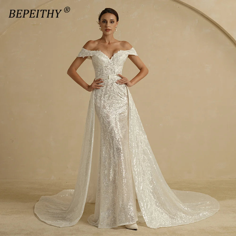 Ivory Sequins Mermaid Wedding Dresses For Women 2 In 1 Detachable