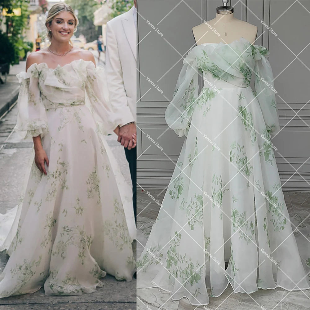 Floral Print Wedding Gowns Long Balloon Sleeves Organza