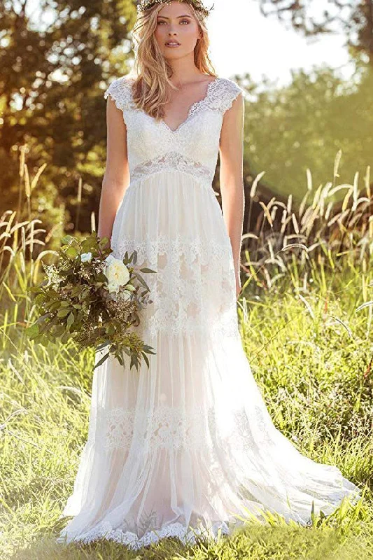 Bohemian A Line V Neck Lace Bridal Gown Simple Beach Wedding Dress OKK37