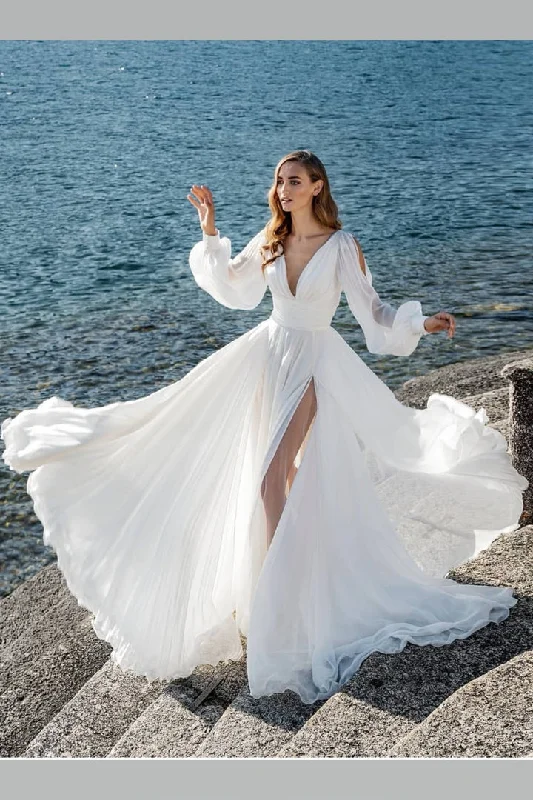 Boho Long Sleeves Wedding Dress for Seaside High Slit Side Beach Wedding Dress OK1591