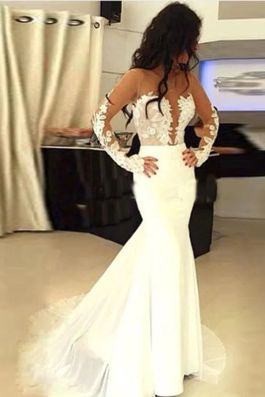 Charming Ivory Mermaid Sheer Neck Long Sleeves Lace Appliques Wedding Dress OKX89