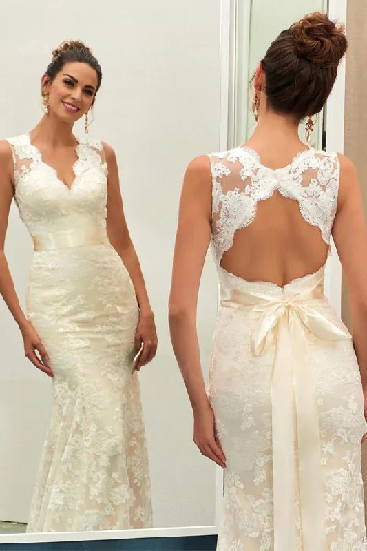 Charming Ivory V Neck Lace Sheath Open Back Wedding Dresses With Sashes OK545