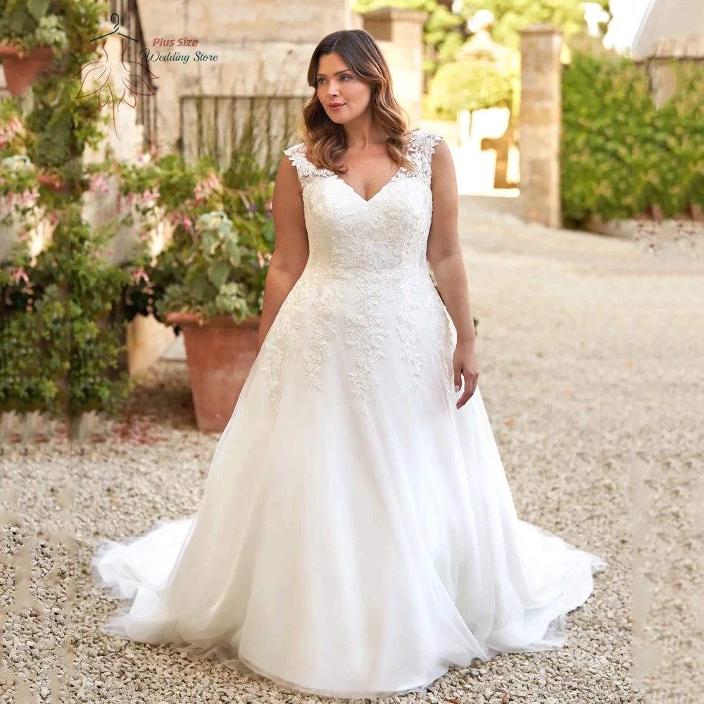 Ivory Wedding Dresses Plus Size V Neck Sleeveless Bride Gowns for Woman