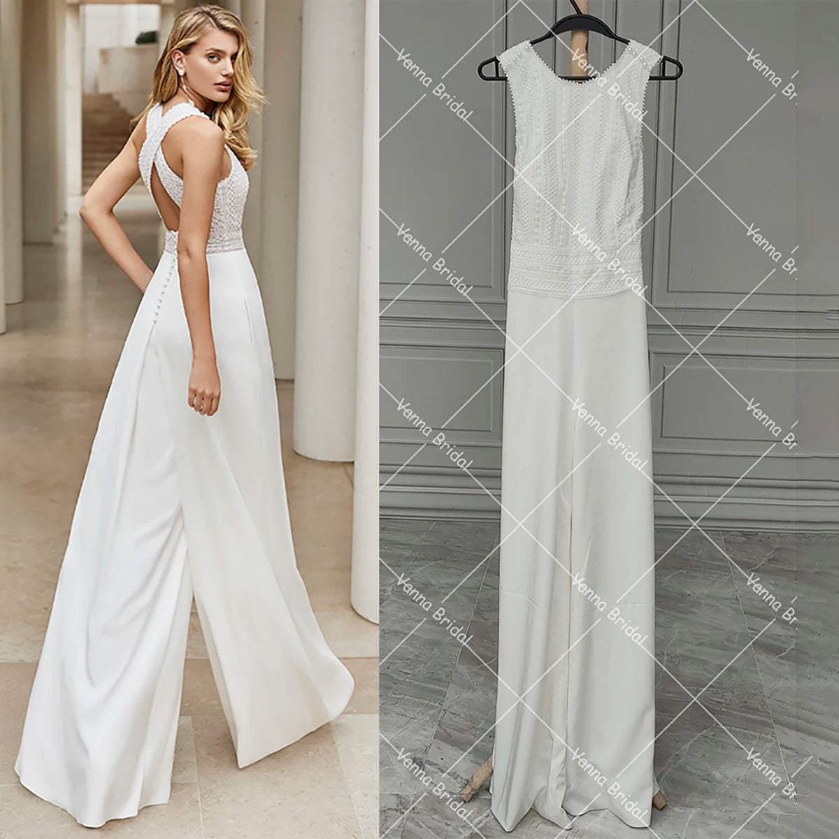 Wedding Jumpsuit Wide Legs Round Neck Sleeveless Plus Size Modern