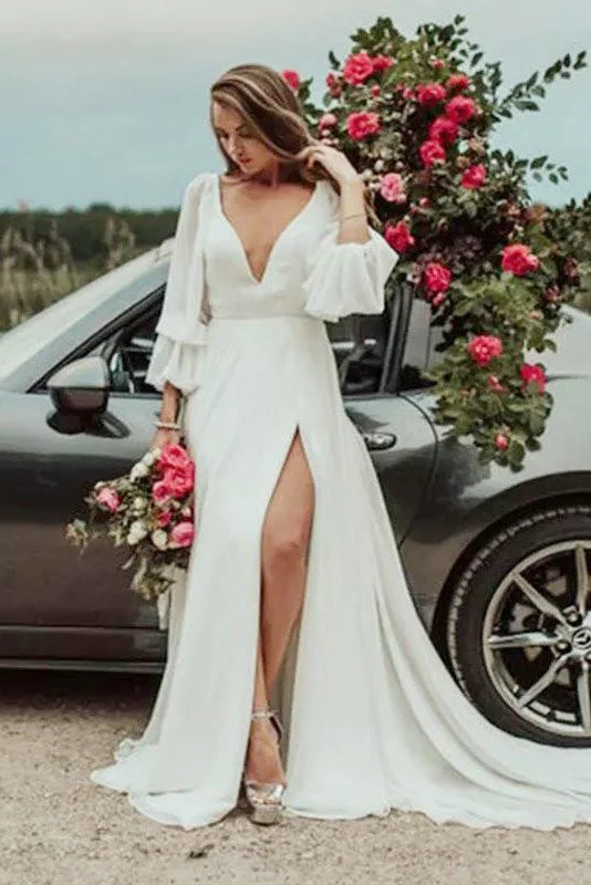 Deep V Neck A-line Long Sleeves Wedding Dress With Slit V Back Long Bridal Gowns OKX86