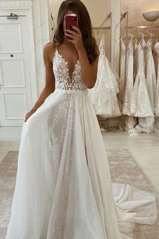 Deep V Neck Ivory Lace Appliques Long Wedding Dress With High Split OKX26