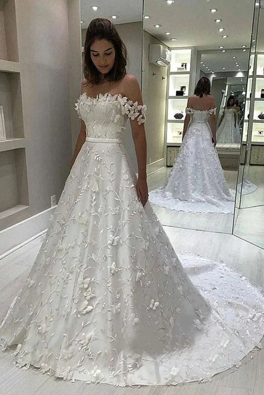 Elegant A-line Lace Appliques Wedding Dresses, Popular Off Shoulder Wedding Gowns OK1949