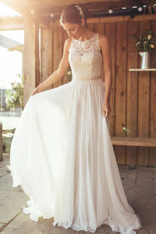 Elegant A-Line Round Neck Chiffon with Lace,Beach Boho Wedding Dress OKM88