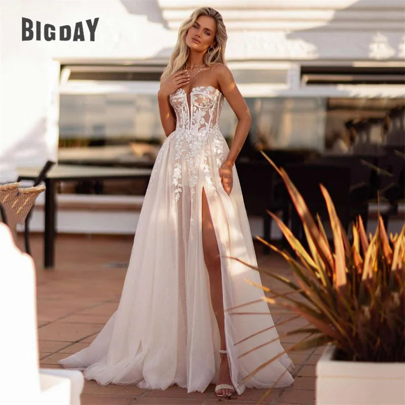 Elegant A-Line Wedding Dress Women Lace Sweetheart Tulle Open Back