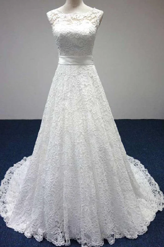 Elegant Bateau A-Line White Lace Long Sleeveless Wedding Dresses OK689