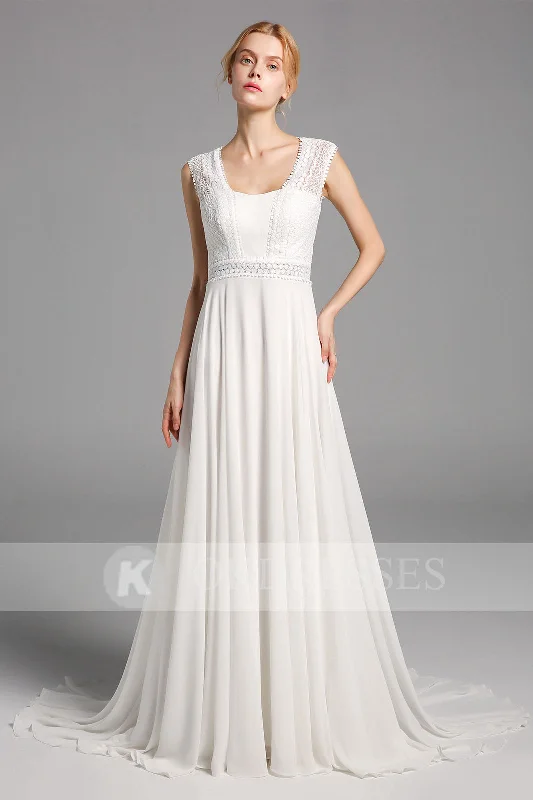 Elegant Chiffon Long Wedding Dresses Open Back Bridal Gowns With Lace Top OKV13