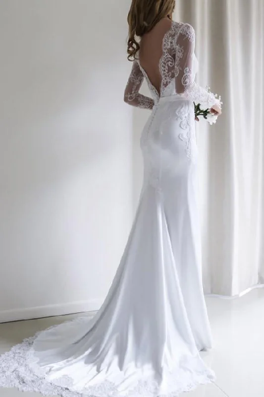 Elegant Lace Long Sleeves Sweep Train White Mermaid Wedding Dresses OKA46