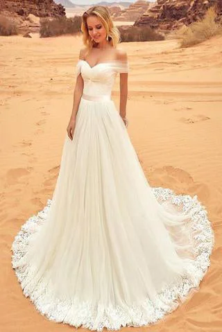 Elegant Off-the-Shoulder Sweep Train A-Line Tulle Ivory Appliques Wedding Dresses OK771