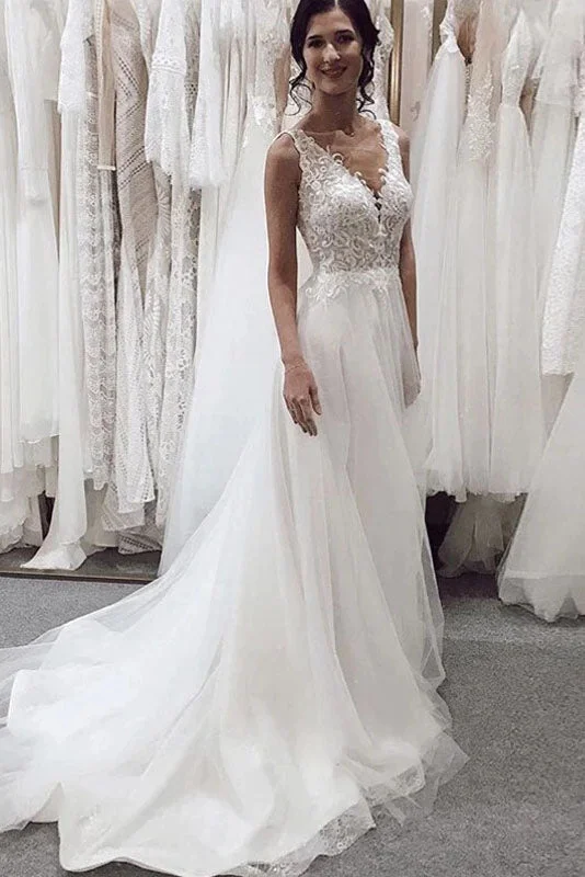 Elegant Tulle Wedding Dress Deep V-Neck Sleeveless Chapel Train A-line Applique Bridal Dress OKW23