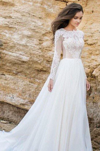 Elegant Lace Chiffon ALine Simple Long Sleeves Beach Wedding Dress Plus Size OK241