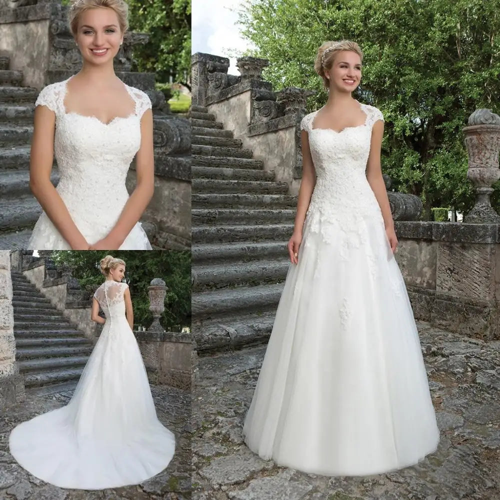 Elegant Wedding Dresses Cap Sleeve Royal Square Neck Robe De Mariée Bride Gown