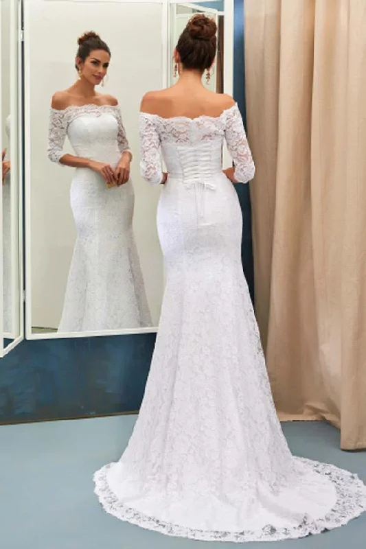 Elegant White Off-The-Shoulder 3/4-Length Sleeves Lace Mermaid Wedding Dresses OK556