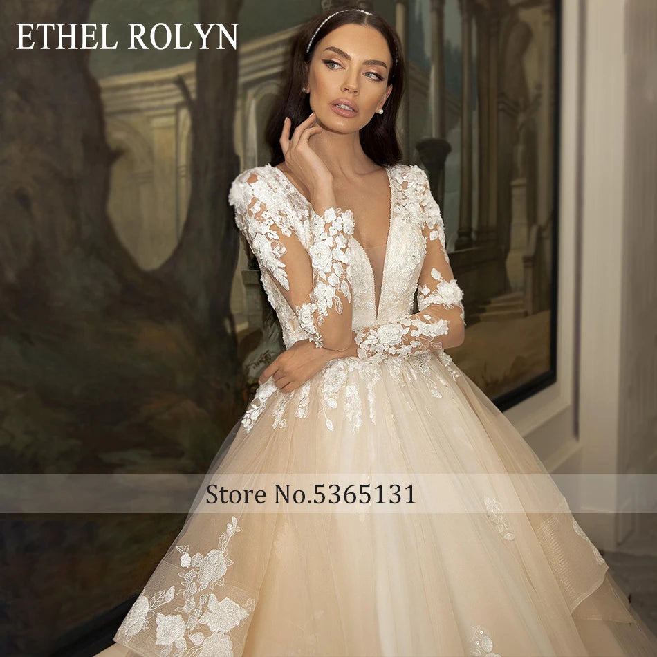 Wedding Dresses For Women Long Sleeve V-Neck Beading 3D Flowers