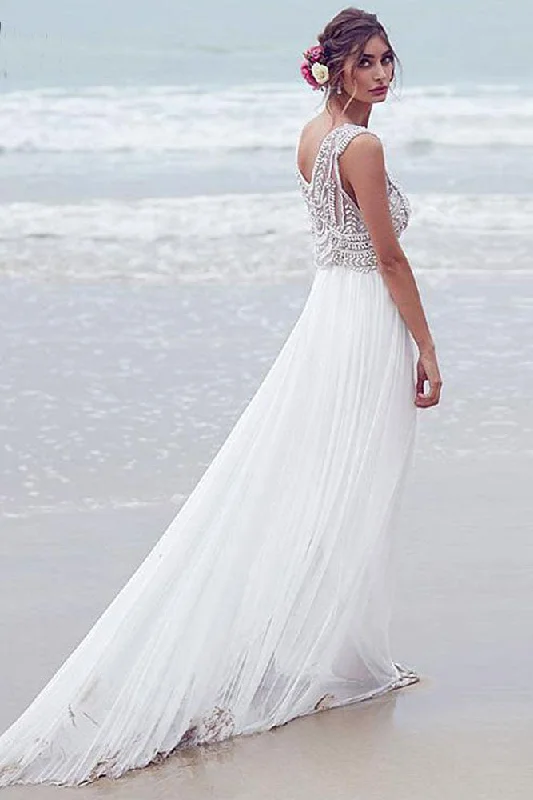 Fashion Chiffon Beading Long V-neck A Line Beach/Coast Wedding Dresses,Pretty Bridal Gowns OK265