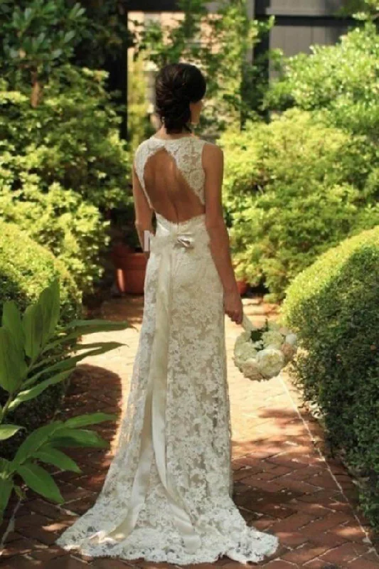 Ivory Lace Open Back Sweep Train Sheath Sleeveless Wedding Dress OK551