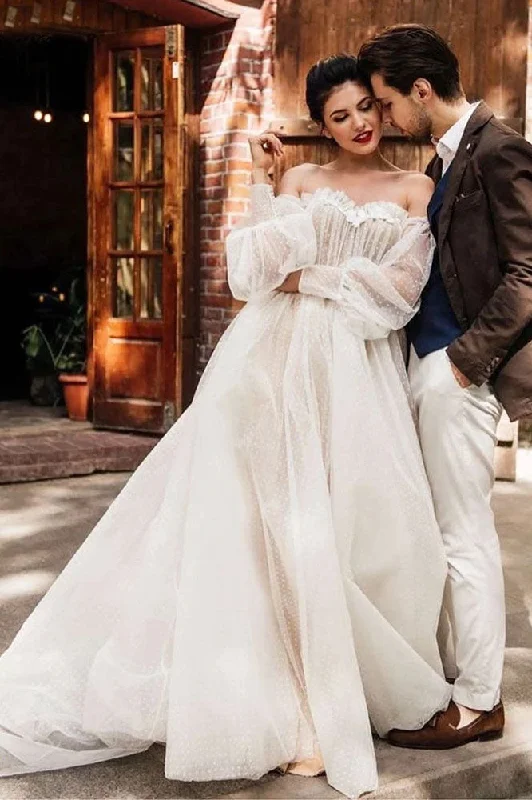 Ivory Tulle Off the Shoulder Bride Dress Simple Long Puffy Sleeves Wedding Gown OKW52