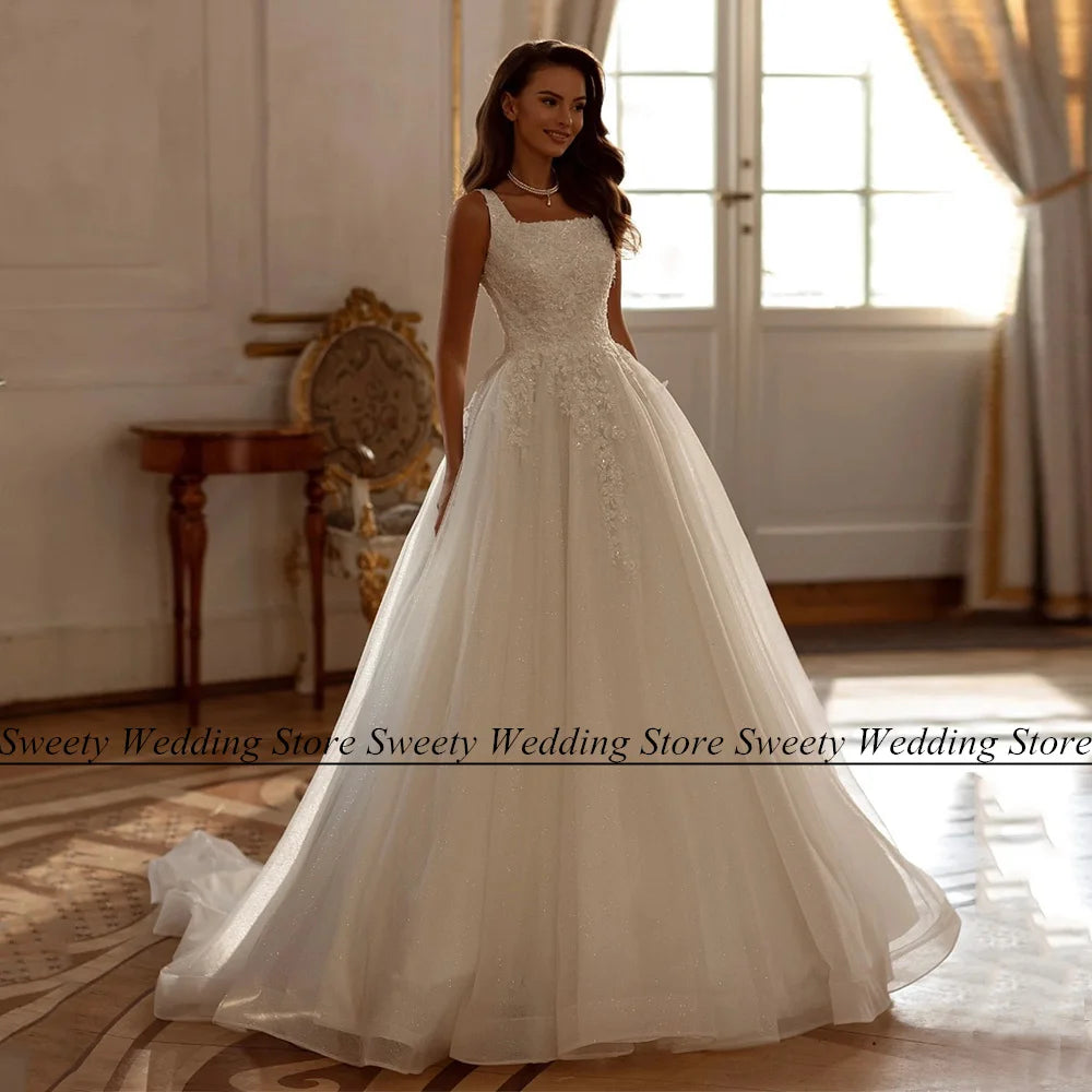 Bride Gown Square Neck Sleeveless Sequin Applique Sweep Train Soft Tulle