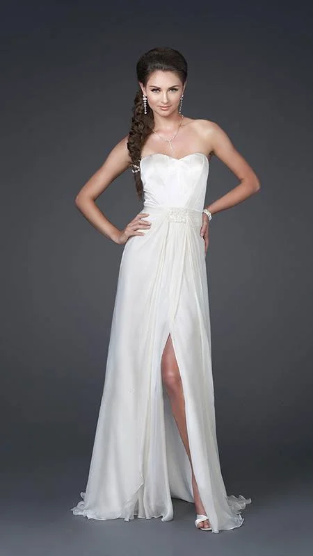 La Femme - Silk Fitted Bodice High Slit Chiffon A-Line Gown 15586