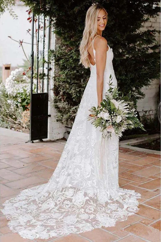 Latest Beach A-line Lace Bridal Wedding Gown Backless Plunge Wedding Dress OKV28