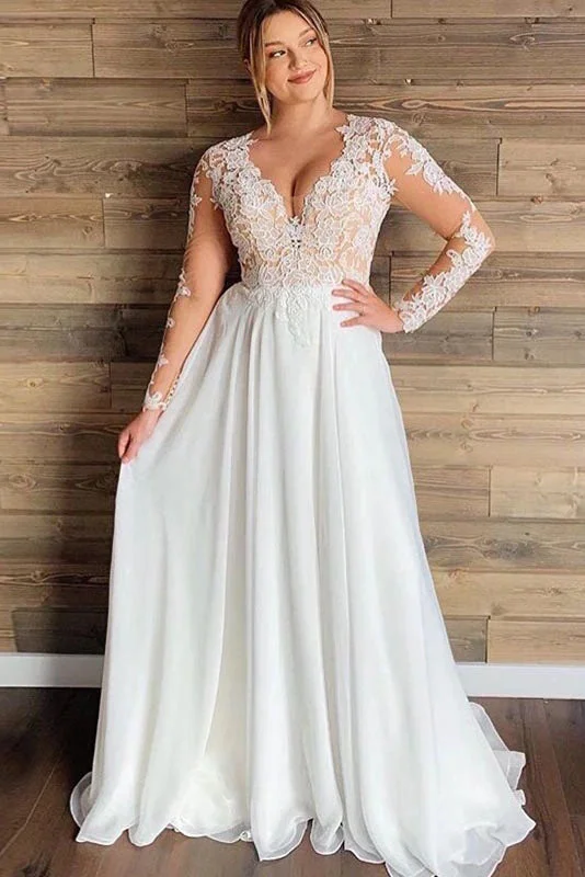 Long Sleeves Chiffon Sheer Lace Applique V-neck Plus Size Wedding Dress OKV31