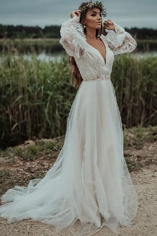 Long Sleeves V Neck Beach Wedding Dress Boho High Slit Backless Bridal Gowns OKY95