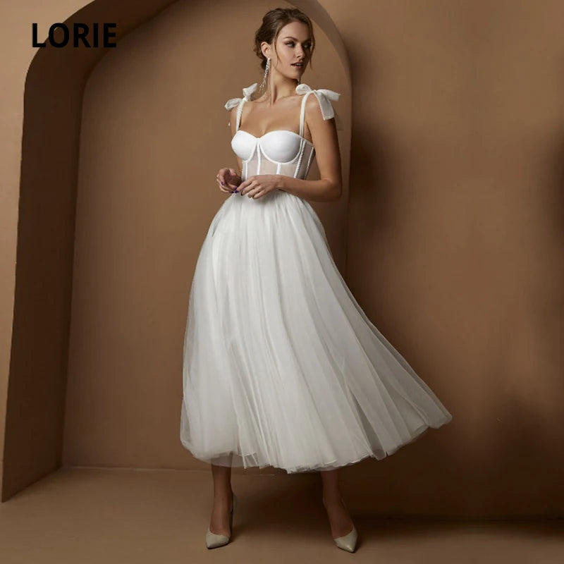 Short Wedding Dresses Modern Boning Spaghetti Strap A Line Tea Length White