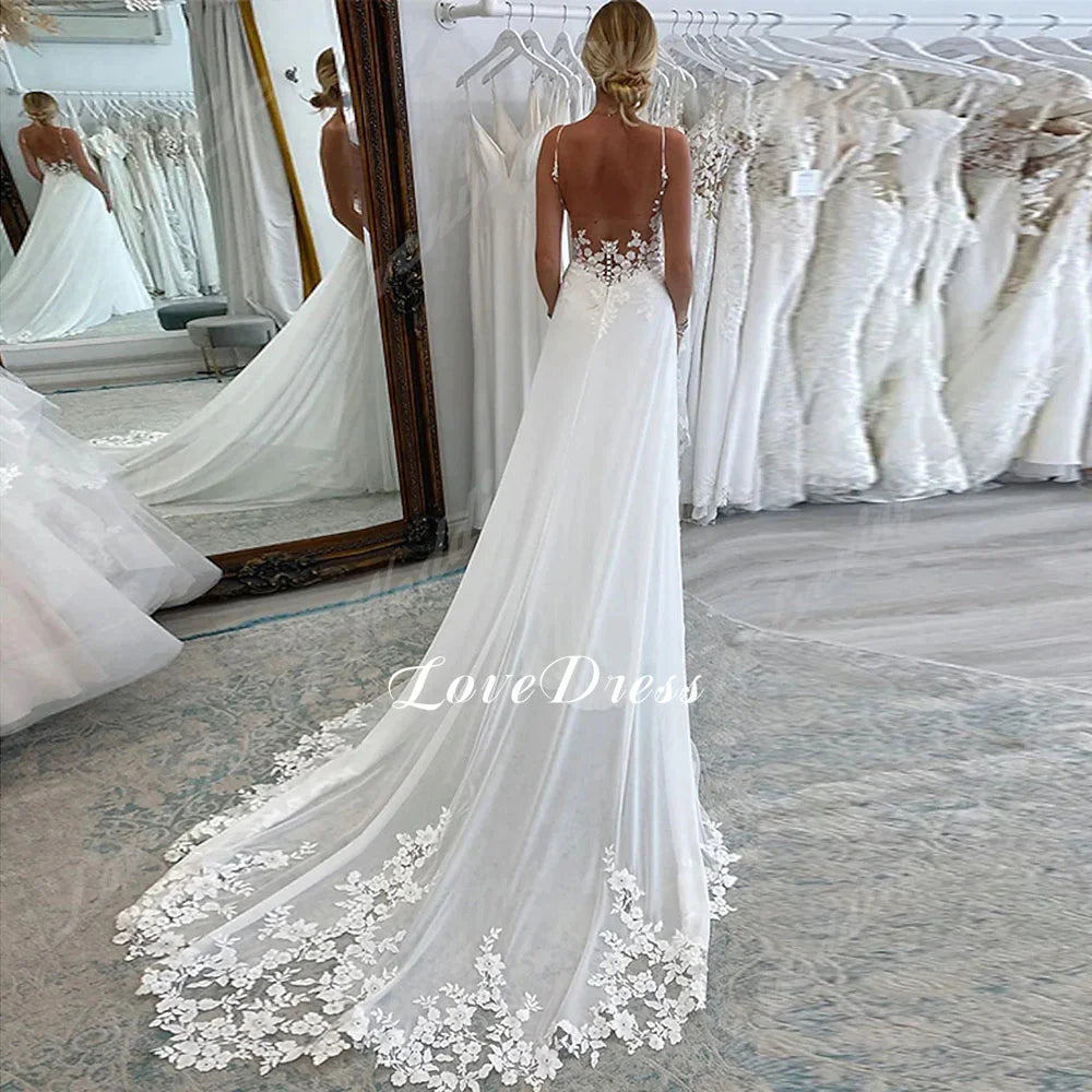 V Neck Wedding Dresses Lace Appliques Backless A-Line Wedding Gown