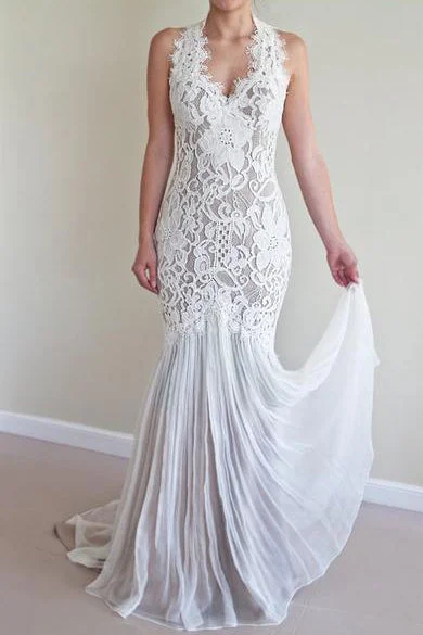 Mermaid Lace Unique Flowy Keyhole Back Long Wedding Dress OK800