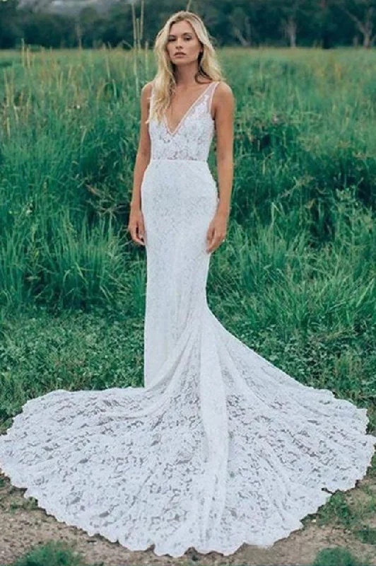 Mermaid V Neck Backless White Lace Long Wedding Dress,Beach Boho Wedding Dresses OKF76