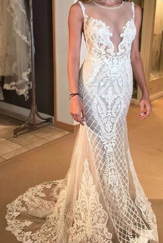 Mermaid V-neck Lace Wedding Dresses With Court Train, Bridal Gown OK1886