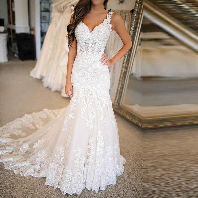 Mermaid White/Ivory Wedding Dresses Elegant Bride Dress Lace Appliques