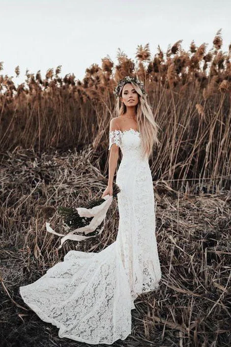 New Arrival Ivory Mermaid Lace Off the Shoulder Beach Wedding Dresses OKF85