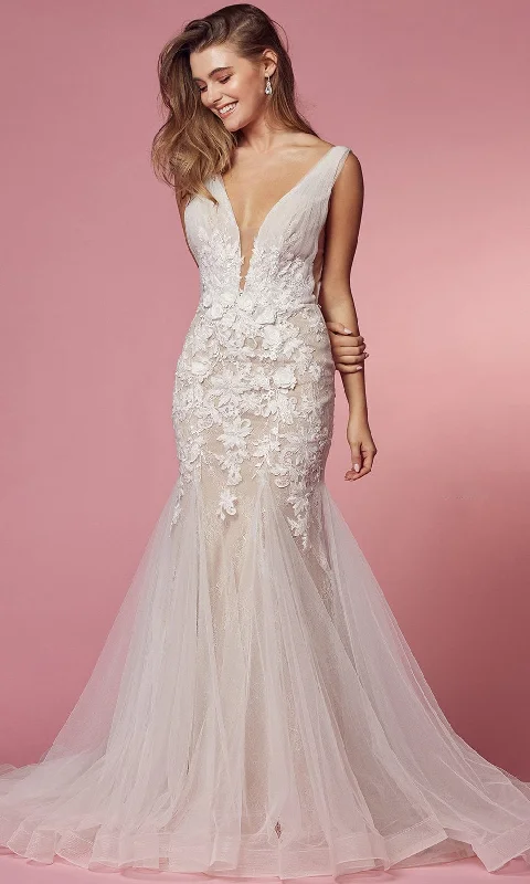 Nox Anabel Bridal - JE917 Floral Lace V-Back Mermaid Gown